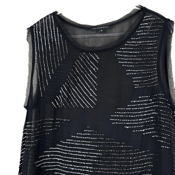 W118 Walter Baker Beaded Metallic Sheer Frayed Hem Tank Top Black Silver Size M - Picture 3 of 11